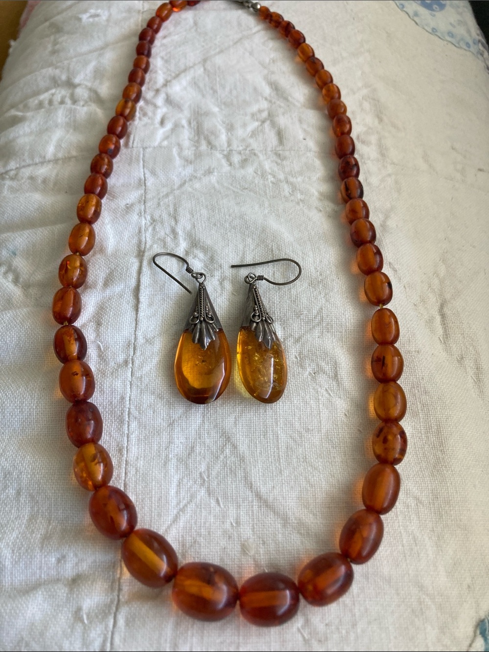 Antique Amber Beaded Necklace with Matching Drop Earrings
